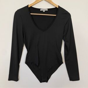 Gaze Long Sleeve Deep V-Neck Black Bodysuit